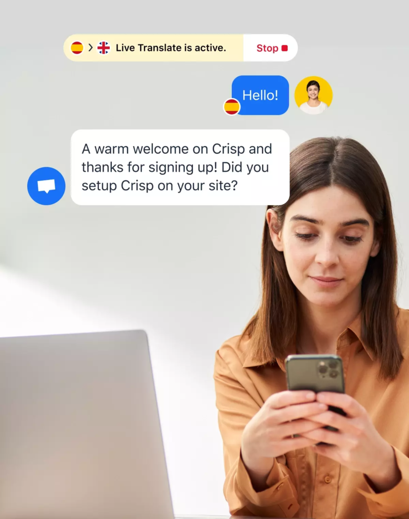 Crisp app mockup conversation shown over a woman holding a phone
