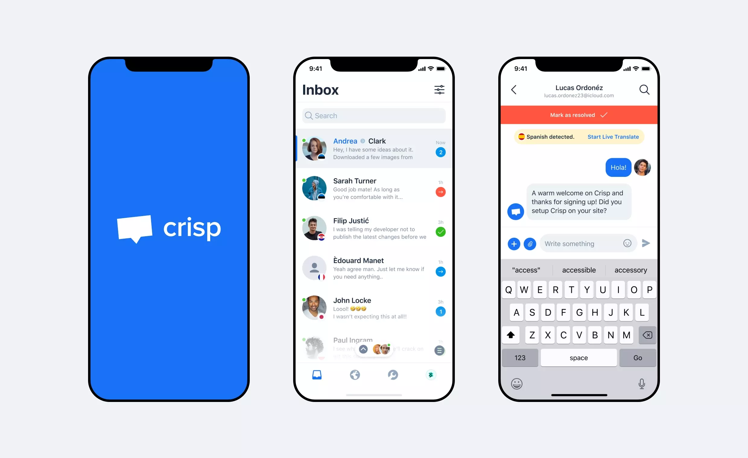 Crisp app mockups shown on phone screens