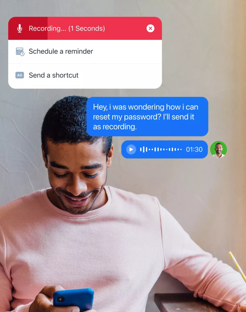Crisp app mockup conversation shown over a man holding a phone