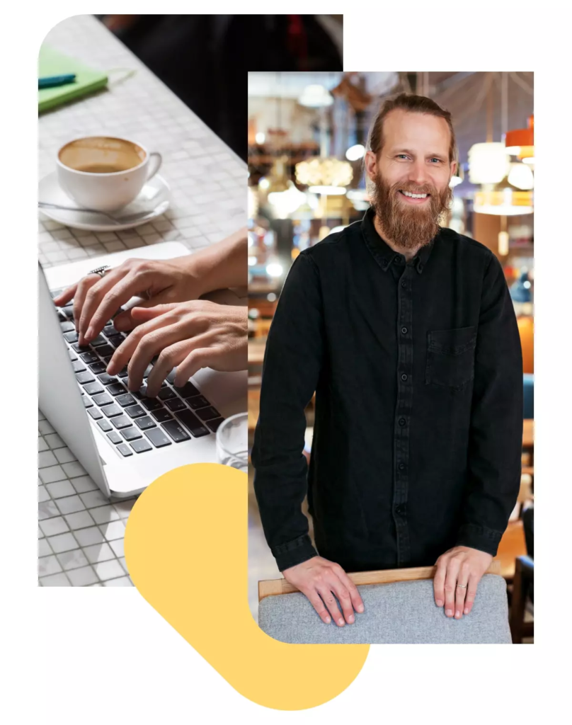 CV maker design elements with photo of a man smiling and hands typing on a laptop