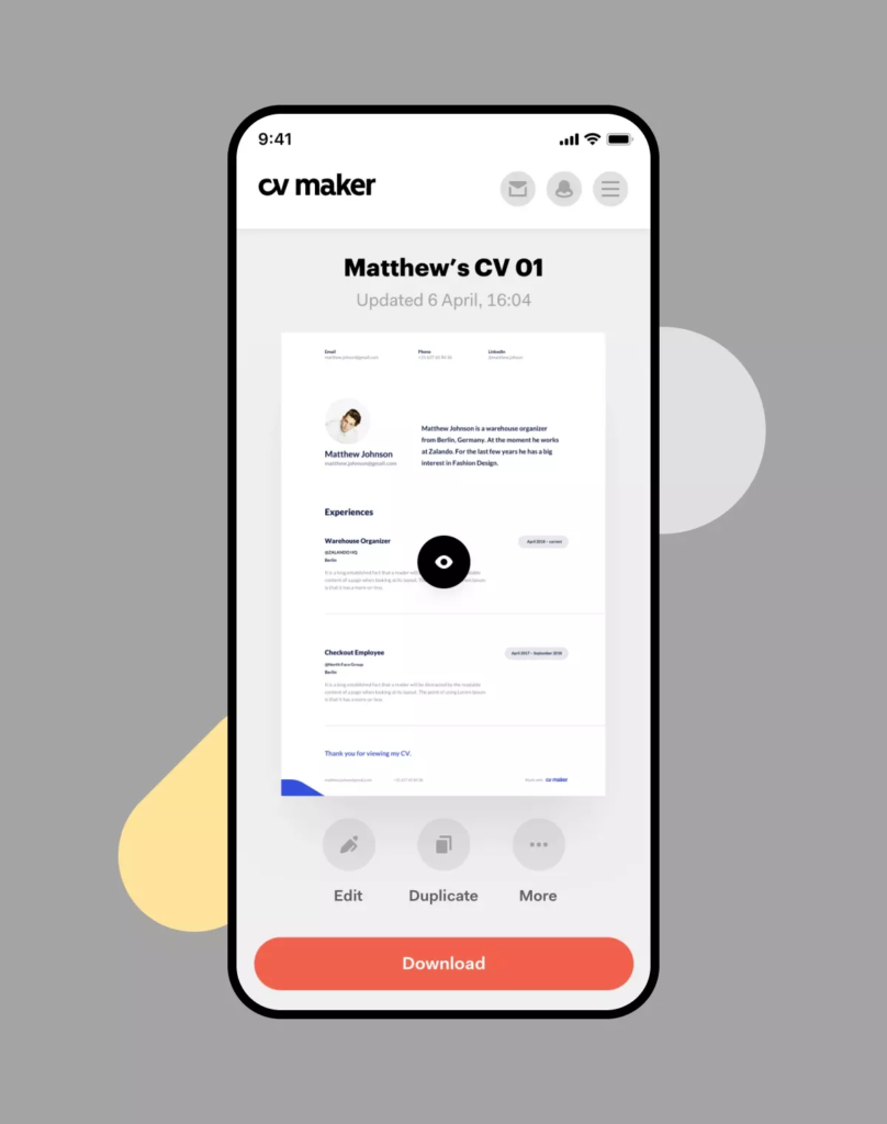 CV Maker mobile app mockup shown on a phone screen by BB Agency