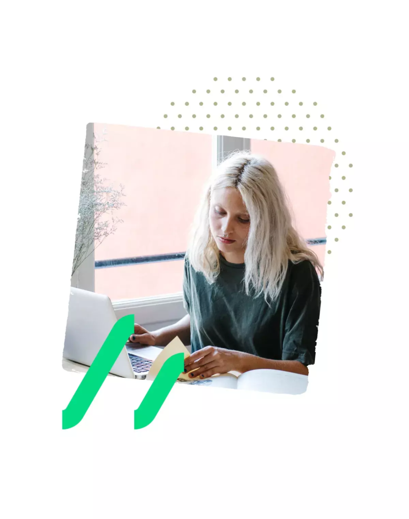 NuxtJS Web elements - a woman looking at her laptop with custom NuxtJS pattern over it