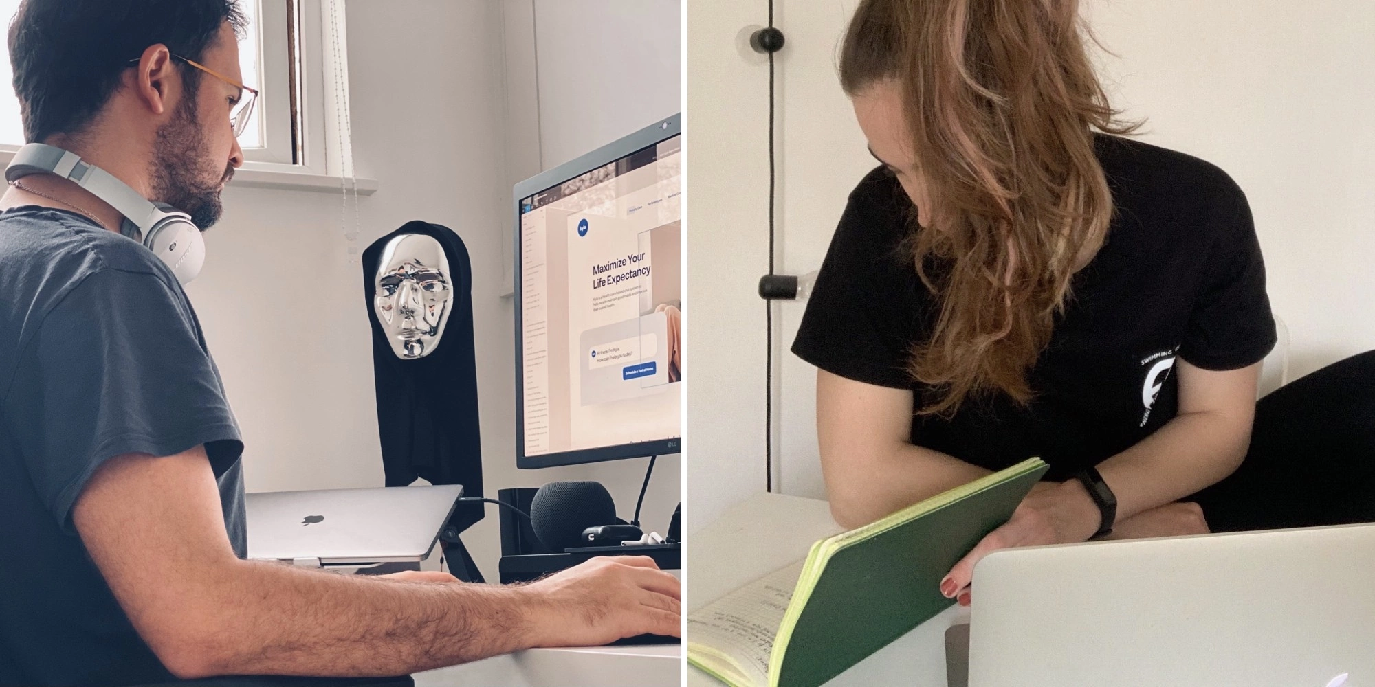 Employees at work. The man in the picture on the left sitting in front of a computer, and woman in the picture on the right looking at her notebook